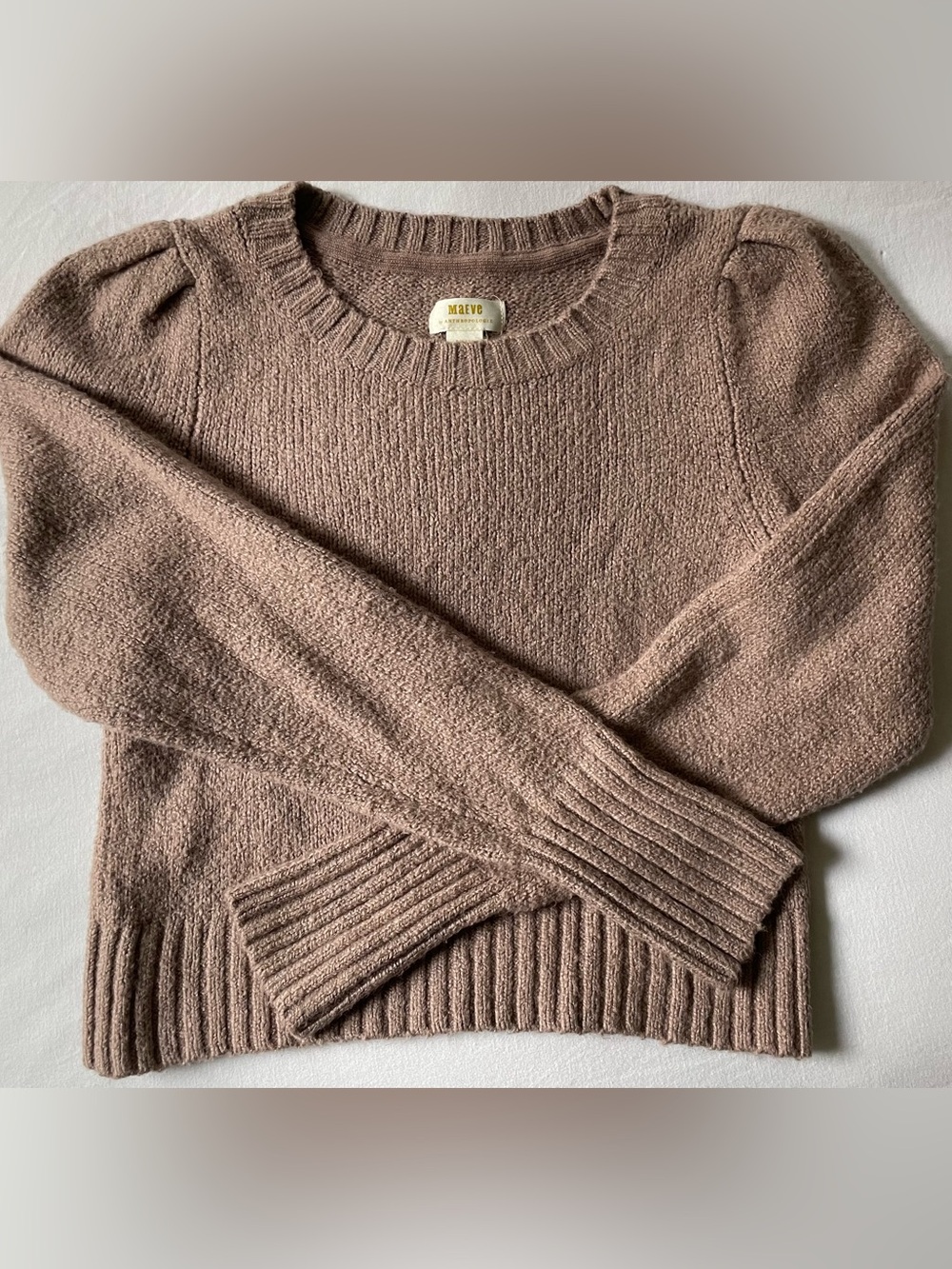 Anthropologie Mauve-Taupe Puff Shoulder Crewneck Sweater